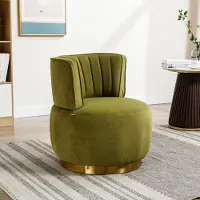 OKWISH Eetkamerstoel – 360° Draaibaar Comfortdesign – 1-Persoons Ronde Schalenstoel – Fluweel – Modern – Khaki – Ergonomische Rugsteun En Hoogdicht Schuim