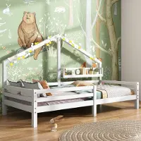 OKWISH Huisbed 90x200 cm - Kinderbed Met Begrenzer En Boekenplank - Huisvorm Met Opbergrek - Voor Kinderkamer - Grenen/Scandinavisch - Wit Zonder matras