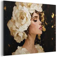 MuchoWow Aluminium schilderij 40x30 cm - Wanddecoratie metaal - Abstract - Vrouw - Bloemen - Wit - Metalen muurdecoratie woonkamer - Decoratie industrieel - Foto op dibond - Industriële accessoires slaapkamer