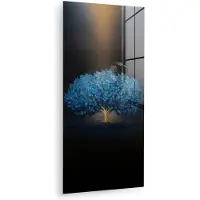 MuchoWow Glasschilderij 80x160 cm - Schilderij acrylglas - Boom - Blauw - Bladeren - Penseelstreken - Foto op glas - Muurdecoratie woonkamer - Wanddecoratie slaapkamer - Schilderijen