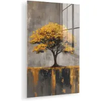 MuchoWow Glasschilderij 60x90 cm - Schilderij acrylglas - Boom - Bladeren - Goud - Abstract - Foto op glas - Muurdecoratie woonkamer - Wanddecoratie slaapkamer - Schilderijen