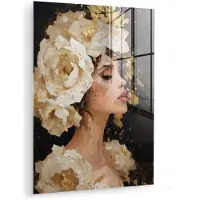 MuchoWow Glasschilderij 90x120 cm - Schilderij acrylglas - Abstract - Vrouw - Bloemen - Wit - Foto op glas - Muurdecoratie woonkamer - Wanddecoratie slaapkamer - Schilderijen