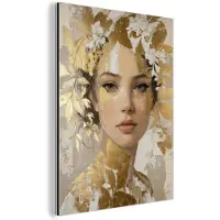 MuchoWow Aluminium schilderij 60x80 cm - Wanddecoratie metaal - Gezicht - Vrouw - Bladeren - Goud - Metalen muurdecoratie woonkamer - Decoratie industrieel - Foto op dibond - Industriële accessoires slaapkamer