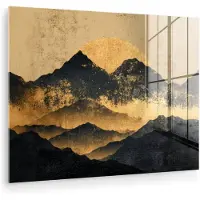 MuchoWow Glasschilderij 160x120 cm - Schilderij acrylglas - Gouden Bergen bij Maanlicht - Foto op glas - Muurdecoratie woonkamer - Wanddecoratie slaapkamer - Schilderijen