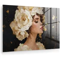 MuchoWow Glasschilderij 120x80 cm - Schilderij acrylglas - Abstract - Vrouw - Bloemen - Wit - Foto op glas - Muurdecoratie woonkamer - Wanddecoratie slaapkamer - Schilderijen