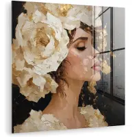 MuchoWow Glasschilderij 20x20 cm - Schilderij acrylglas - Abstract - Vrouw - Bloemen - Wit - Foto op glas - Muurdecoratie woonkamer - Wanddecoratie slaapkamer - Schilderijen