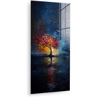 MuchoWow Glasschilderij 20x40 cm - Schilderij acrylglas - Boom - Blauw - Bladeren - Vakken - Foto op glas - Muurdecoratie woonkamer - Wanddecoratie slaapkamer - Schilderijen