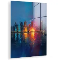 MuchoWow Glasschilderij 90x120 cm - Schilderij acrylglas - Skyline - Penseelstreken - Donkerblauw - Lichtgevend - Foto op glas - Muurdecoratie woonkamer - Wanddecoratie slaapkamer - Schilderijen