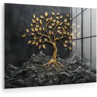 MuchoWow Glasschilderij 40x30 cm - Schilderij acrylglas - Bladeren - Goud - Boom - Rots - Foto op glas - Muurdecoratie woonkamer - Wanddecoratie slaapkamer - Schilderijen