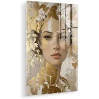 MuchoWow Glasschilderij 20x30 cm - Schilderij acrylglas - Gezicht - Vrouw - Bladeren - Goud - Foto op glas - Muurdecoratie woonkamer - Wanddecoratie slaapkamer - Schilderijen