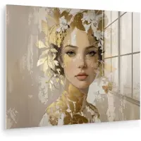 MuchoWow Glasschilderij 120x90 cm - Schilderij acrylglas - Gezicht - Vrouw - Bladeren - Goud - Foto op glas - Muurdecoratie woonkamer - Wanddecoratie slaapkamer - Schilderijen