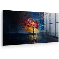 MuchoWow Glasschilderij 80x40 cm - Schilderij acrylglas - Boom - Blauw - Bladeren - Vakken - Foto op glas - Muurdecoratie woonkamer - Wanddecoratie slaapkamer - Schilderijen