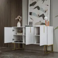 OKWISH Dressoir – 3 Deuren – Verstelbare Planken – U-vormige Deurtextuur – L-vormig Metalen Onderstel – Gouden Handgrepen – MDF Wit – Voor Woonkamer Keuken
