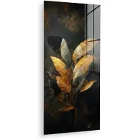 MuchoWow Glasschilderij 20x40 cm - Schilderij acrylglas - Gouden Bladcompositie – Botanische Luxe - Foto op glas - Muurdecoratie woonkamer - Wanddecoratie slaapkamer - Schilderijen