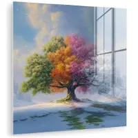 MuchoWow Glasschilderij 50x50 cm - Schilderij acrylglas - Boom - Seizoenen - Winter - Landschap - Foto op glas - Muurdecoratie woonkamer - Wanddecoratie slaapkamer - Schilderijen