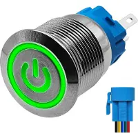 Proride Metalen Drukschakelaar 12V ON-OFF met Aansluitkabel - 19mm - Aan/uit schakelaar - Spatwaterdicht - 12V/24V - LED Indicatie Groen