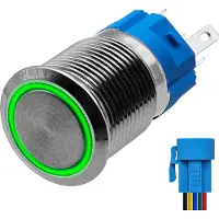 Proride Metalen Drukschakelaar 12V ON-OFF - 16mm - Aan/uit schakelaar met Aansluitkabel - Spatwaterdicht - 12V/24V - LED Indicatie Groen