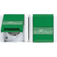 JUNG 8220 GN NAWEB stopcontact, 2-voudig, met symbool voor e-bike-oplaadpunt, inklapbaar deksel en bedrukbaar oppervlak, IP44, grijs/groen
