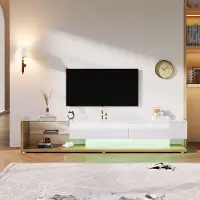 OKWISH TV-Meubel – 2 Laden – Met Verstelbare LED-Verlichting – Modern-Natuurlijk Met Glasplanken – Spaanplaat Wit – 170x36x38 cm – Draagkracht 50 kg