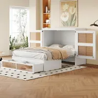 OKWISH Opklapbed 140x200cm - Met lattenbodem en rattan-deuren - Met lades en 270° openende kastdeuren - Jongerenkamer - Hout - Wit - Zonder matras