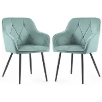 Akord Set van 2 Eetkamerstoelen DIAMANTE met Armleuningen / Gestoffeerde Stoelen / Fluwelen Stoelen en Metalen Poten / Turkooizen kleur met zwarte benen
