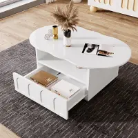 OKWISH Salontafel – Wolkenserie – 1 Lade – Wolkenvormige Tafelplaat Met Open Vak – Druk-Openmechanisme – Spaanplaat Wit – 100×60×40,5 cm