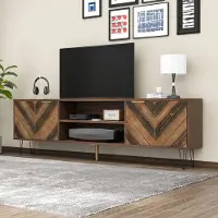 OKWISH Tv-Lowboard – Lowboard Serie – 2 Deuren – Gouden Handgrepen en IJzeren Poten – Modern Met Opbergruimte – Spaanplaat Lichtbruin – 155x38x48 cm