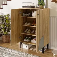 OKWISH Schoenenkast – Modern Plaatsbesparend – 60x32x94 cm – Met Deuren – Lichtbruin MDF – Zwarte Poten – Met Planken En Ruime Opbergruimte Voor Schoenen