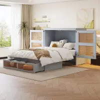 OKWISH Kastbed 140x200 cm - Opklapbed Met Lattenbodem En 270° Openingsmechanisme - Met Laden En Rattanpanelen - Hout - Grijs - Zonder matras