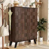 OKWISH Dressoir – Schoenenkast – 80x35,5x110 cm – 5 Vakken met 4 Verstelbare Legplanken – Geometrische Deuren – Spaanplaat Donkerbruin