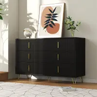 OKWISH Dressoir – 6 Lades – 120×40×77 cm – Minimalistisch Design met Golfstructuur – Gouden Handgrepen en Poten – Spaanplaat Zwart+Goud