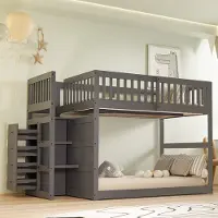 OKWISH Kinder Stapelbed 140x200cm - Laag Stapelbed Met Hoog Veiligheidshek En Veilige Trap - Met 4 Laden - Hout - Grijs - Zonder matras