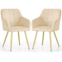 Akord Set van 2 Eetkamerstoelen LUXANO met Armleuningen / Gestoffeerde Stoelen / Fluwelen Stoelen en Metalen Poten / Beige met gouden benen