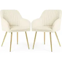 Akord Set van 2 Eetkamerstoelen FLORENCE met Armleuningen / Gestoffeerde Stoelen / Fluwelen Stoelen en Metalen Poten / Crème kleur met gouden benen