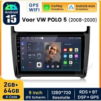 Hexinex 9" autoradio Geschikt voor VW Polo 5 (2008-2020) - Draadloos CarPlay, Android Auto, Android 15, multimediaspeler, 2GB+64GB