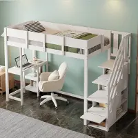 OKWISH Hoogslaper 90x200 cm - Met opbergruimte, geïntegreerde plank en traplade - Voor kinderkamer - Massief Grenenhout - Wit - Zonder matras