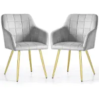 Akord Set van 2 Eetkamerstoelen LUXANO met Armleuningen / Gestoffeerde Stoelen / Fluwelen Stoelen en Metalen Poten / Grijs met gouden benen