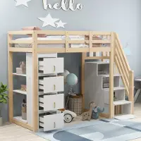 OKWISH Hoogslaper 90x200 cm - Met 4 Extra Grote Lades, 3 Planken en Veiligheidsladder - Massief Hout - Lichtbruin - Zonder matras