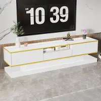 OKWISH TV Meubel – Moderne Serie – 3 Lades – Met Kleurenwisselende LED – Hoogglans Opbergruimte Met Gouden Decorstrepen – Spaanplaat Wit – 180x38x45 cm