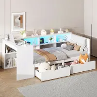OKWISH Gestoffeerd Bed 90x200cm - Gestoffeerd Hoofdeinde en LED-licht - 2 Lades & Opbergrekken - USB & Stopcontact Laadstation - MDF - Wit - Zonder matras
