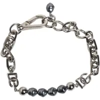 Dolce&Gabbana Zilverkleurige ketting met kreeftsluiting en logo armband met grijze parels