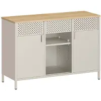 Songmics Metalen opbergkast met dubbele deur en verstelbare planken, Zandbeige + natuurlijke eikenkleuren
