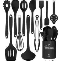 OKWISH Keukengerei-Sets – Complete Keukenset Met Keukengerei Silicone, Inclusief Spatel, Lepel En Pfannenwender, Hittebestendig Tot 210°C – Zwart – Silicium
