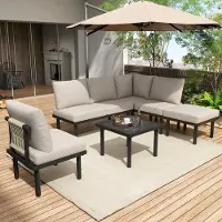 Merax Loungestoelenset set van 6 - tuinmeubelset van touw - beige gevlochten touw - verstelbare poten - glad glazen tafelblad - beige
