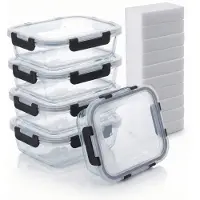 Bardi 5 Delige Glazen Meal Prep Bakjes Inclusief 10 Stuks Wonderspons - Glazen Vershoudbakjes - Glazen Opbergbakken - Diepvriesbakken - Luchtdicht - BPA Vrij - 1060ML - Glas - Zwarte Clips