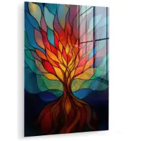 MuchoWow Glasschilderij 60x80 cm - Schilderij acrylglas - Sierglas - Boom - Rood - Vlakken - Foto op glas - Muurdecoratie woonkamer - Wanddecoratie slaapkamer - Schilderijen