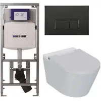 Geberit QeramiQ Luma Douche WC Set - UP320 inbouwreservoir - met Burda frame - fohn - ladydouche - mat zwarte kunststof bedieningsplaat - rechthoekige knoppen - glans wit SW1247816/SW706189/0701131