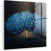 MuchoWow Glasschilderij 20x20 cm - Schilderij acrylglas - Boom - Blauw - Bladeren - Penseelstreken - Foto op glas - Muurdecoratie woonkamer - Wanddecoratie slaapkamer - Schilderijen
