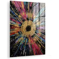 MuchoWow Glasschilderij 90x120 cm - Schilderij acrylglas - Explosie - Goud - Kleurrijk - Abstract - Foto op glas - Muurdecoratie woonkamer - Wanddecoratie slaapkamer - Schilderijen