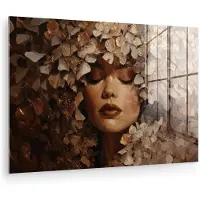 MuchoWow Glasschilderij 180x120 cm - Schilderij acrylglas - Gezicht - Vrouwe - Bladeren - Penseelstreken - Foto op glas - Muurdecoratie woonkamer - Wanddecoratie slaapkamer - Schilderijen